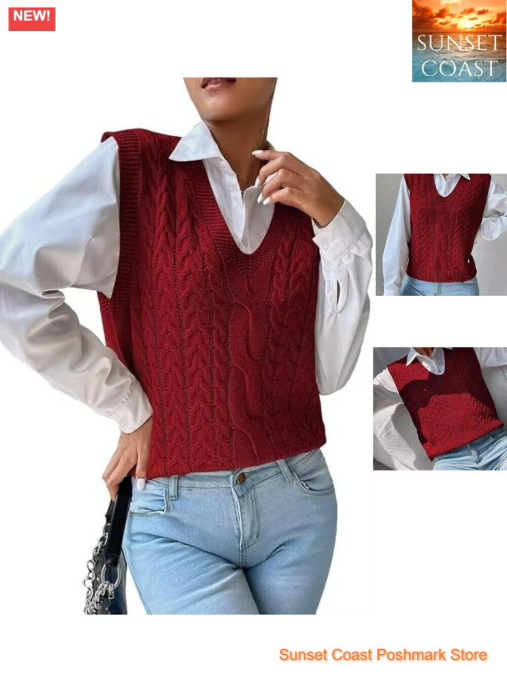 Womens 100% Cotton Sweater Vest Sleeveless V Neck Pullover Loose Fit